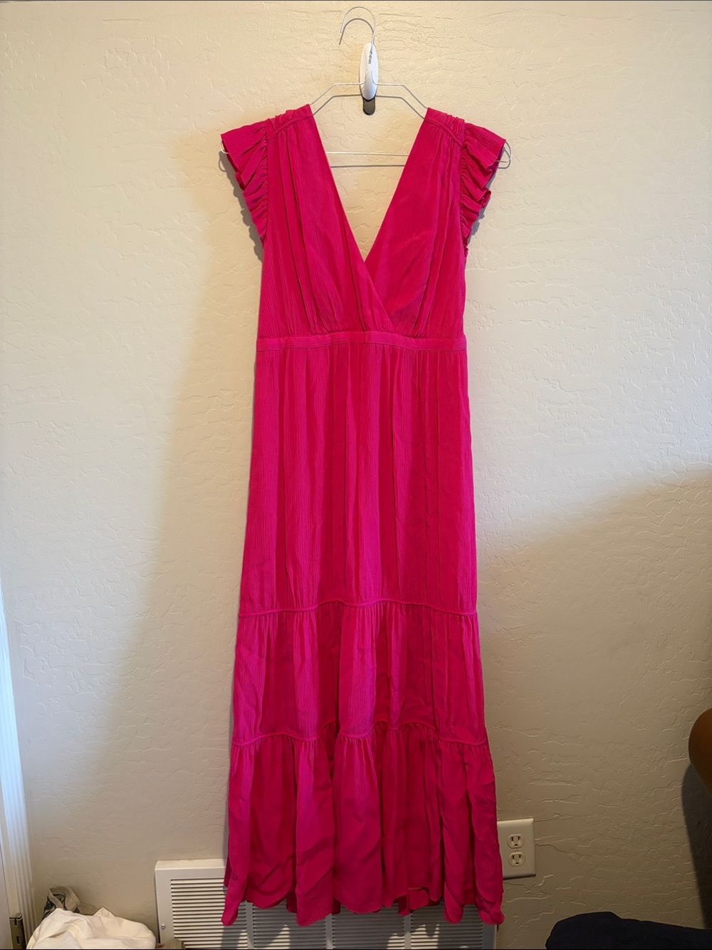 Marie Oliver Vivid Pink V-Neck Ruffle Sleeve Tiered Maxi Dress